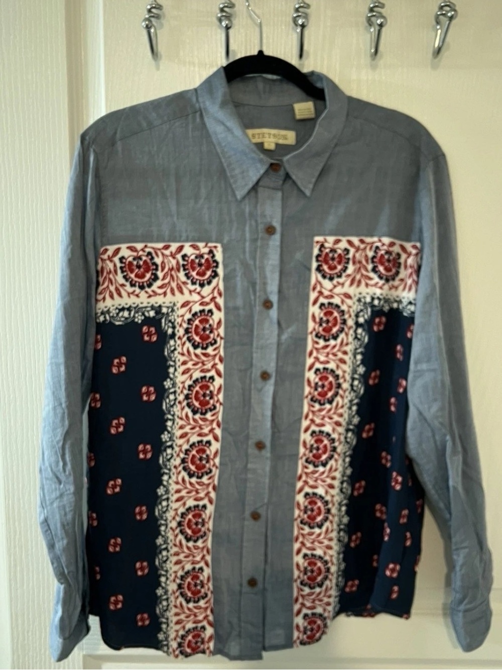 STETSON WOMEN'S BANDANA SCARF LONG SLEEVE BUTTON-DOWN BLOUSE SHIRT LARGE